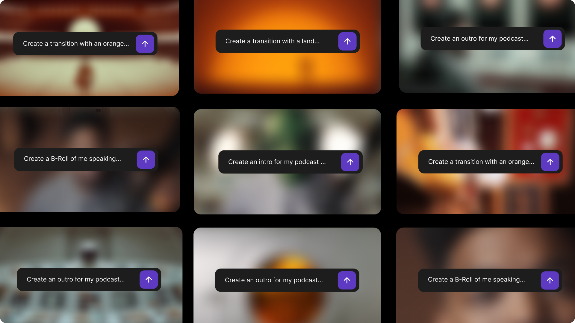 Example AI prompts shown over Riverside video thumbnails